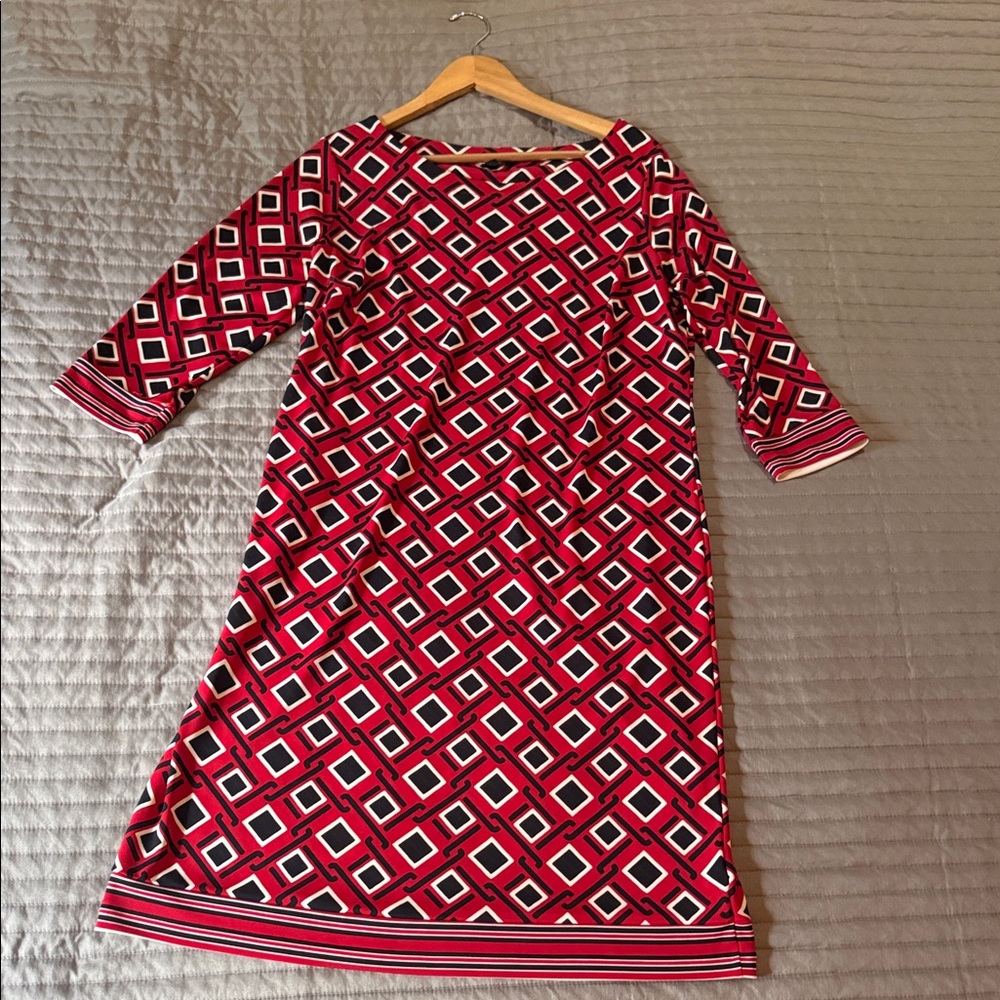 Talbots Red Geometric Midi Dress with Black & White Accents